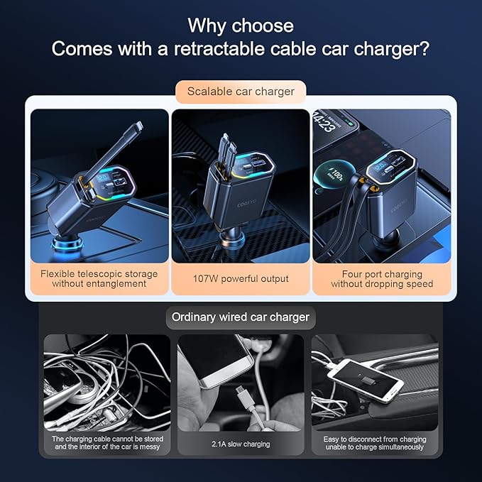 Retractable USB C Car Charger, 65W PD, 35.43 Inch Retractable Cord, RGB Light, For iPhone 12-16, Samsung, Pixel, MacBook