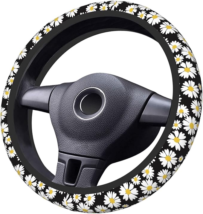White Daisy Neoprene Steering Wheel Cover for Men Women Anti-Slip Elastic Steering Wheel Protective Cover 15in Universal Car Accessories Fit Cars, SUVs, Auto