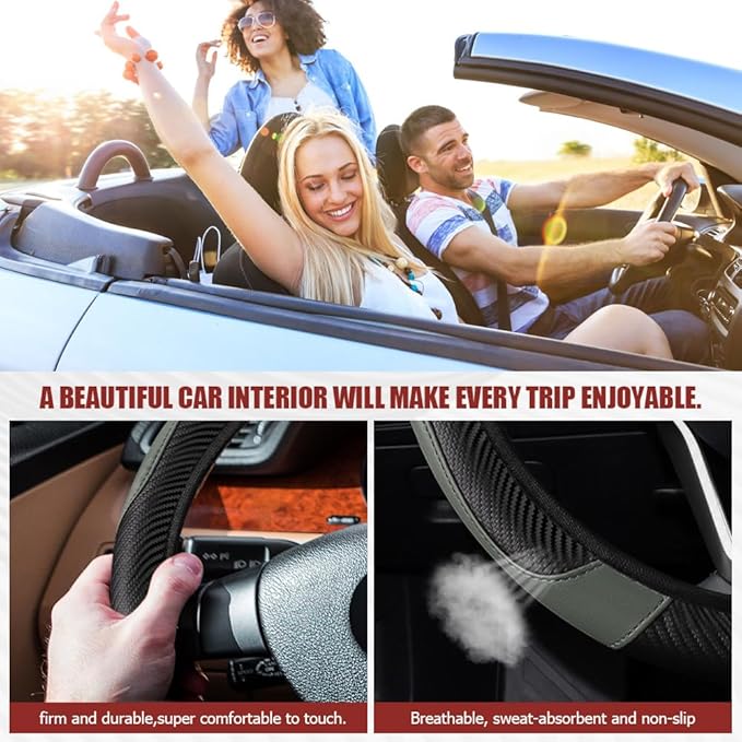 Car Steering Wheel Cover, Steering Wheel Protector, Universal 14.5-15 Inch Microfiber Leather Breathable Auto Steering Wheel Covers, Carbon Fiber Steering Wheel Cover for Women Men (Gray)