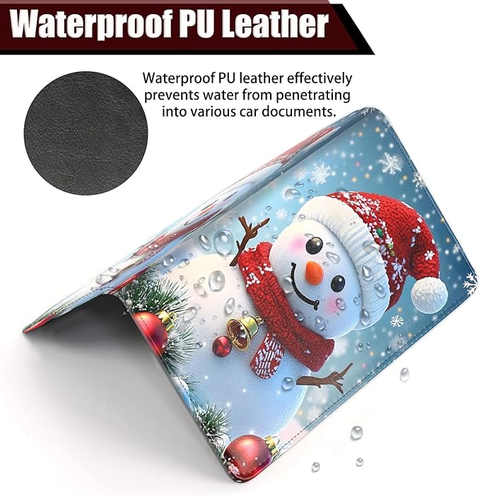 Car Registration Holder, PU Leather Vehicle Glove Box Organizer for Driver License, Document, Car Insurance Holder with Magnetic Shut, Auto Paperwork Wallet Accessories, Cute Christmas Snowman