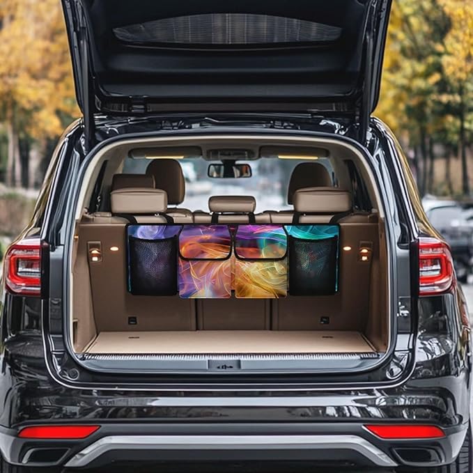 Back Seat Trunk Organizer Hanging Car Organizer Trunk Foldable Cargo Storage with Pockets& 3 Adjustable Straps 37.01x11.81 inch,Car Decoration,Colorful Smoke Abstract Art