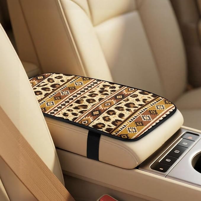 Qeluxign Auto Seat Covers with Car Center Console Cover,Tribal Leopard Print Belt Cover PU Leather Breathable Full Set Bucket Seat Covers, Pack of 5, Universal Fit for Sedan,SUV