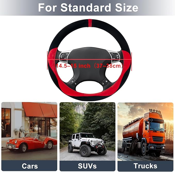 COFIT Plush Steering Wheel Cover Winter, Soft Warm Furry Grip Protector for Cars SUVs Trucks, Fits 14.5-15 Inch, Non-Slip Interior Accessory, Red