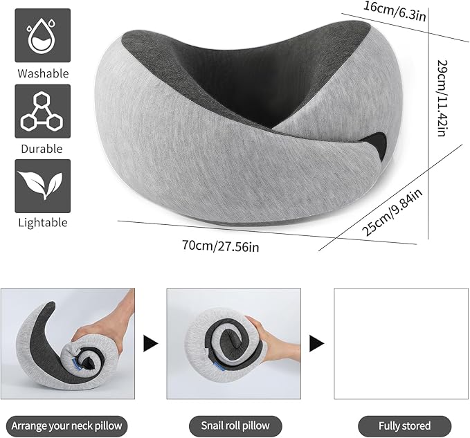 Ziixmile Travel Neck Pillow for Airplane – Memory Foam 360° Support Compact Design Ergonomic Flight Pillow for Sleeping & Neck Support Portable Travel Pillows for Adults, Car, Office Home (Grey)