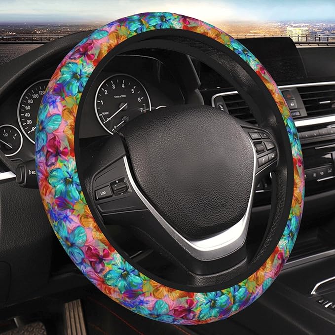 Blue Orange Flowers Steering Wheel Cover for Women Men Girls, Car Accessories Decor Thickened Anti-Slip Auto Steering Wheel Covers Protector Universal Fit 15 Inch for Cars, Truck, SUV