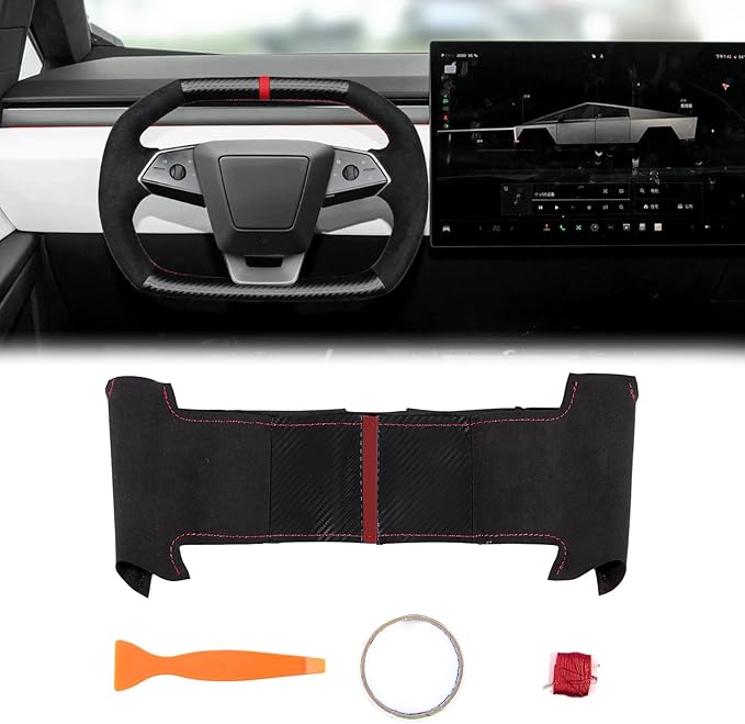 Steering Wheel Cover for Cybertruck Hand Stitching DIY Steering Wheel Cover Black with Dark Red Center Mark (Upper Lower Carbon Fiber & Alcantara Side Grips)