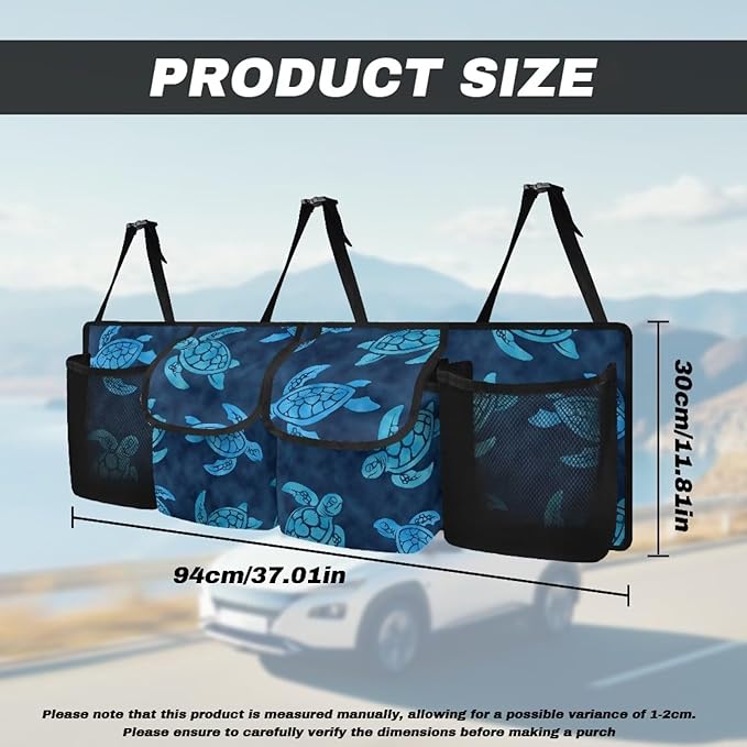 Car Trunk Hanging Organizer, Blue Turtle Thick Backseat Storage Bag with 2 Pockets, 2 Mesh Pockets and 3 Adjustable Shoulder Straps, Foldable Interior Accessories