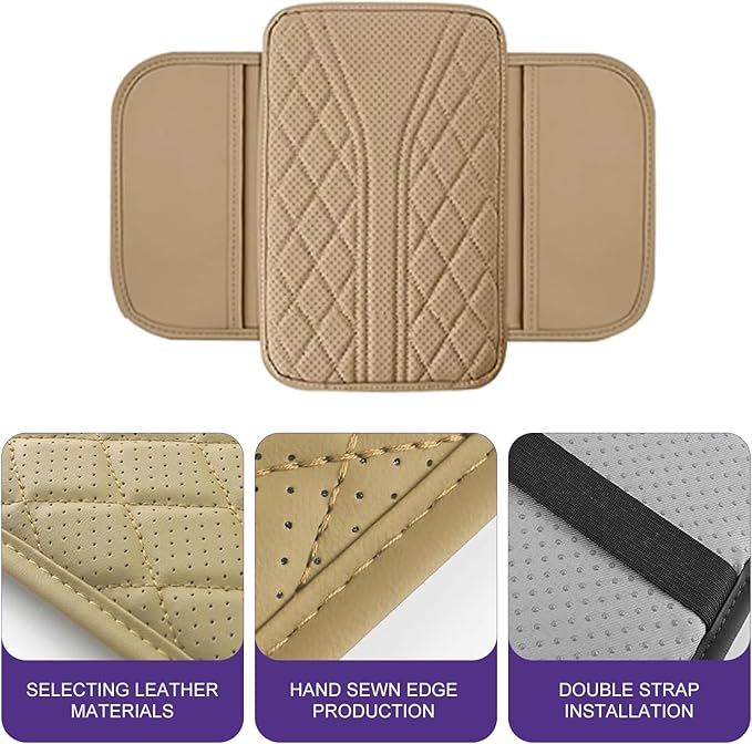 Cuymoap Car Armrest Cushion, Breathable Support Cover for Enhanced Elbow Comfort, Waterproof Anti-scratch Center Console Protector with Side Storage Pocket, Universal Slip-on Design for Car (Beige)