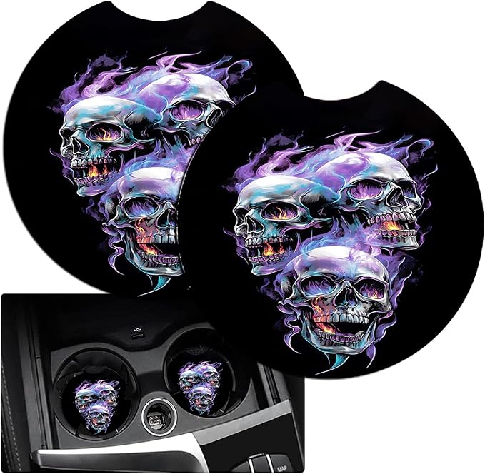 JANENFNA Car Armrest Cover Pads Universal Fashion Cute Auto Center Console Armrest Cover Pad with 2PCS Car Coasters Soft Waterproof Car Armrest Seat Protector for Women,Flame Skull