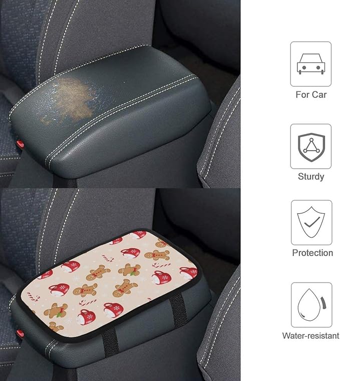 Car Center Console Cover Christmas Gingerbread Man Candy Cane, Armrest Cushion for Car, Universal Fit Seat Box Pad for Cars, Trucks, SUVs