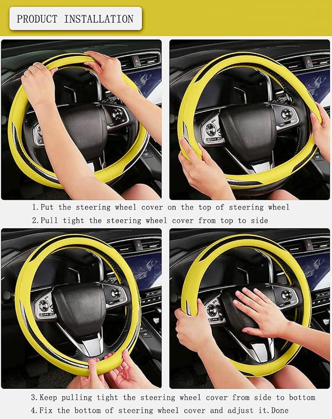 New Leather Car Steering Wheel Cover, Non-Slip Car Wheel Cover Protector Breathable Microfiber Leather Universal Fit for Most Cars(Yeiiow)