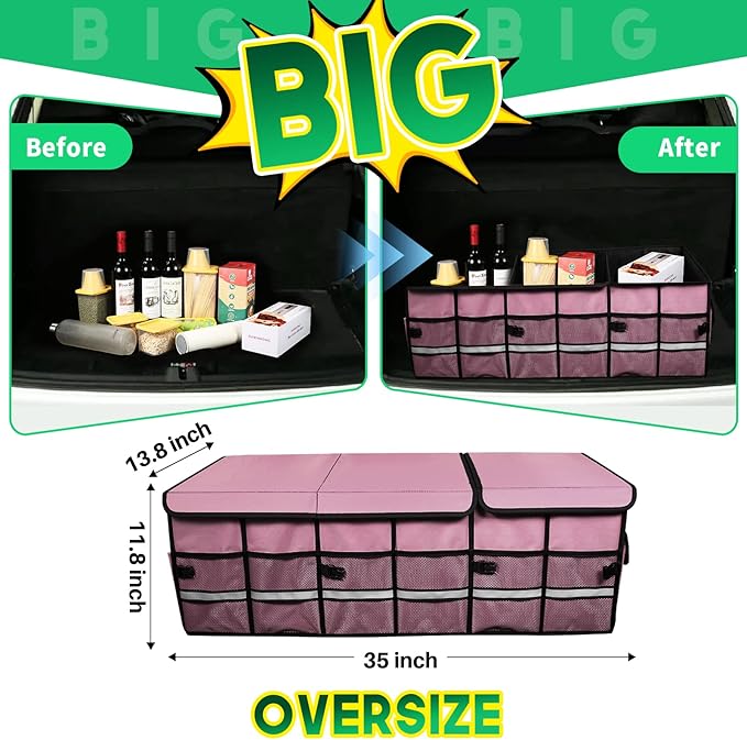LI LIBZAKI Big Car Trunk Organizer, Cargo Organizer SUV Trunk Storage Non Slip Bottom Waterproof Collapsible Durable Multi Compartments-(Oversize,Pink)