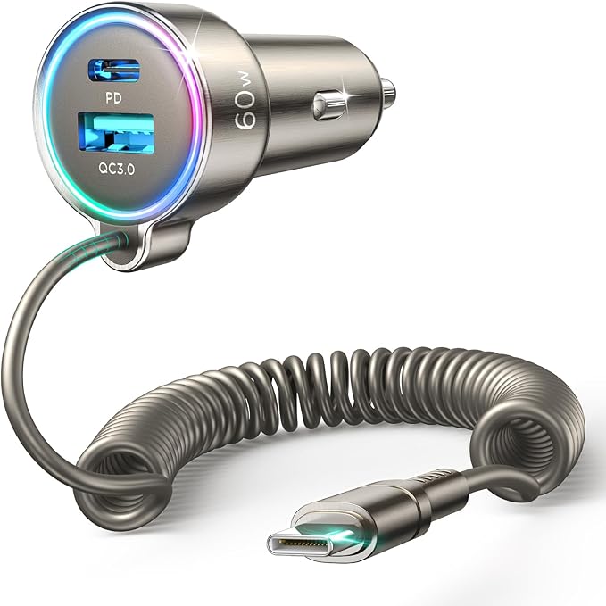 60W USB C Car Charger Fast Charge PD& QC3.0 with 5ft 30W Type C Coiled Cable, Car Phone Charger Adapter for iPhone 17/16/15 Pro Max Plus, Samsung Galaxy S25/S24/S23, Pixel/Moto/LG/Android, iPad Pro
