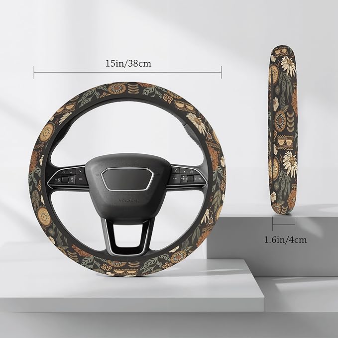 Cute Steering Wheel Cover for Women, Machine Washable Universal 14.5-15.5 inch Non-Slip Grip All Weather Use (Retro Floral)