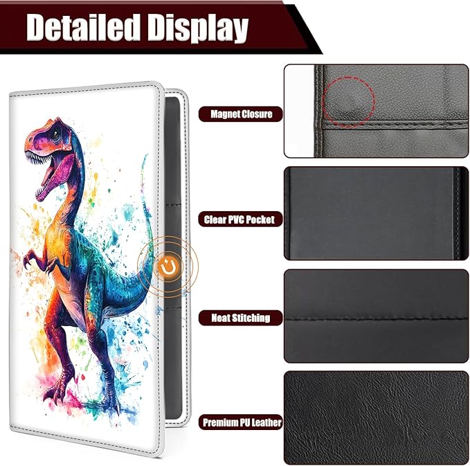 Car Document Holder with Magnetic Shut, Car Registration and Insurance Card Holder, Vehicle Glove Box Organizer Documents, Driver License, Auto Paperwork Organizer Wallet, Colorful Watercolor Dinosaur