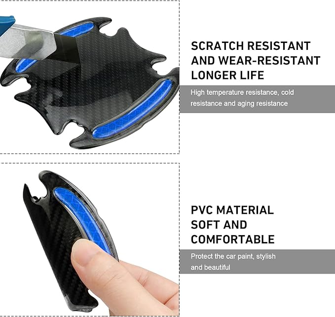 WZP 8PCS Car Door Handle Scratch Protectors, 3D Carbon Fiber Door Handle Scratch Protector Cover, Anti-Scratches Safety Reflective Strips, Universal Car Exterior Accessories for Most Vehicles (Blue)