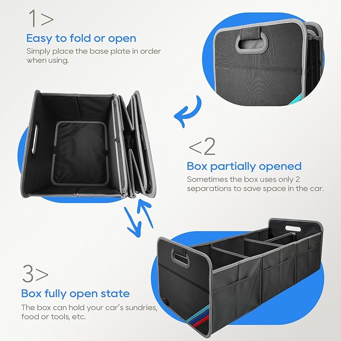 Junsungo XL Car Trunk Organizer, 4 Compartments, 94L Capacity, Oxford Polyester 600D Material, Easy Fold and Store, Prevents Sliding