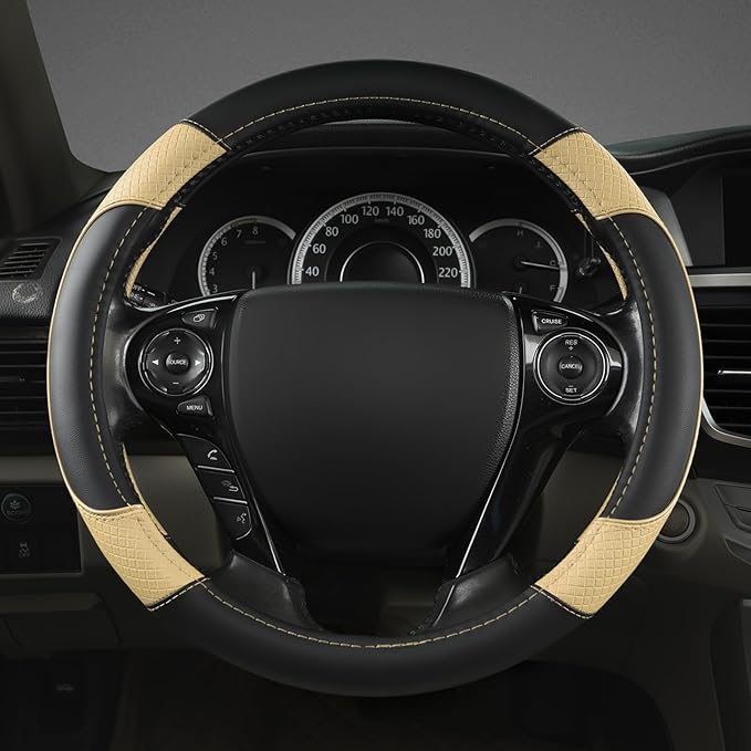 GIANT PANDA Microfiber Leather Steering Wheel Cover for Honda Accord,Civic,CR-V,HR-V,Pilot(Diamond-Pattern-Black+Beige-Standard Size)
