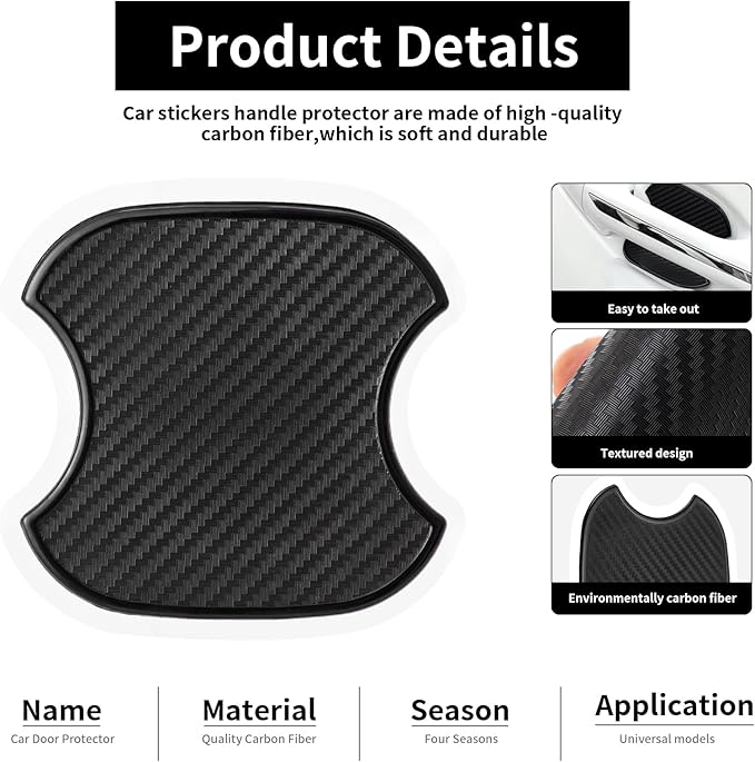 4 PCS Car Door Handle Scratch Protector Sticker, 3D Black Carbon Fiber Anti-Scratches Car Door Handle Cup Protector, Universal Device Fit for Most Cars