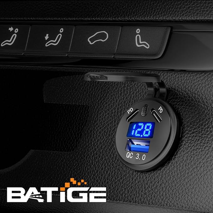 BATIGE 3 Ports Car Charger Socket Dual 45W PD Type C & 18W QC 3.0 with Voltmeter and Button Switch, USB Charger Socket for 12V/24V Car Boat Marine ATV Bus Truck RV Motorcycle