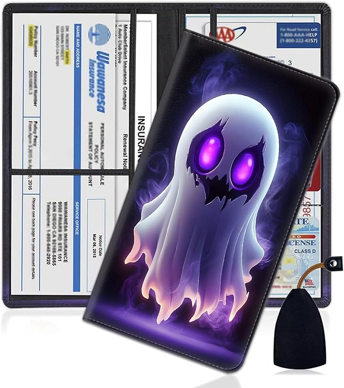 Car Registration Holder, PU Leather Vehicle Glove Box Organizer for Driver License, Document, Car Insurance Holder with Magnetic Shut, Auto Paperwork Wallet Case Accessories, Cute Ghost Pattern