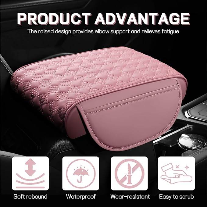 Hbxdeco Car Armrest Cushion, 12.2"×8.3" Leather Auto Memory Foam Center Console Pad with Storage Pocket, Waterproof & Anti-Scratch Elbow Pillow Armrest Seat Box Protector, Universal Fit (Pink)