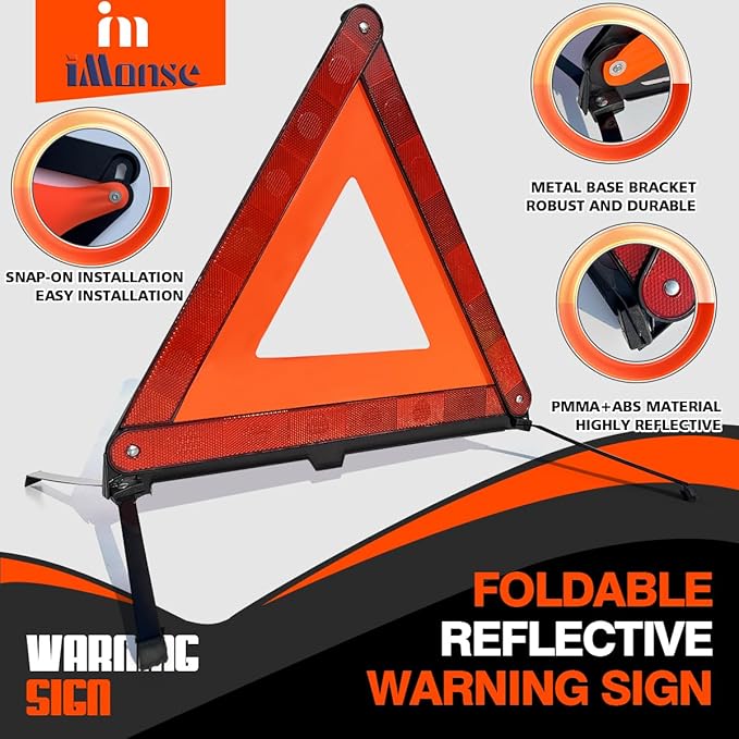 iMonse Warning Safety Triangle Kit, Emergency Roadside Warning Reflective Triangle 2 Packs with 1 LED Road Flare Light, Foldable with Storage Case for Roadside Breakdowns Emergencies