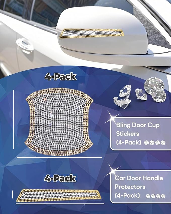 8Pcs Bling Car Door Handle Protector Stickers,Crystal Rhinestone Glitter Car Door Handles Cup Scratch Protectors Decals Universal (Yellow White)
