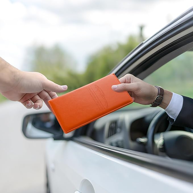 JUSTTOP 2Pack Car Registration and Insurance Holder,Car Document Holder for Cards License with Magnetic Shut,Vehicle Glove Box Car Organizer for Documents, Cards, License(Orange)