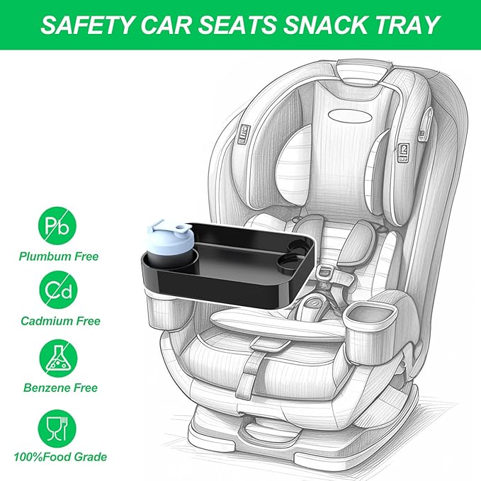 Car Seat Snack Tray for Kids, Square Car Seat Cup Holder Snack Tray with Adjustable Base, Durable CarSeat Tray for Toddlers, Universal Fit for Tesla, Safety Seats, Car Center Consoles (Black)