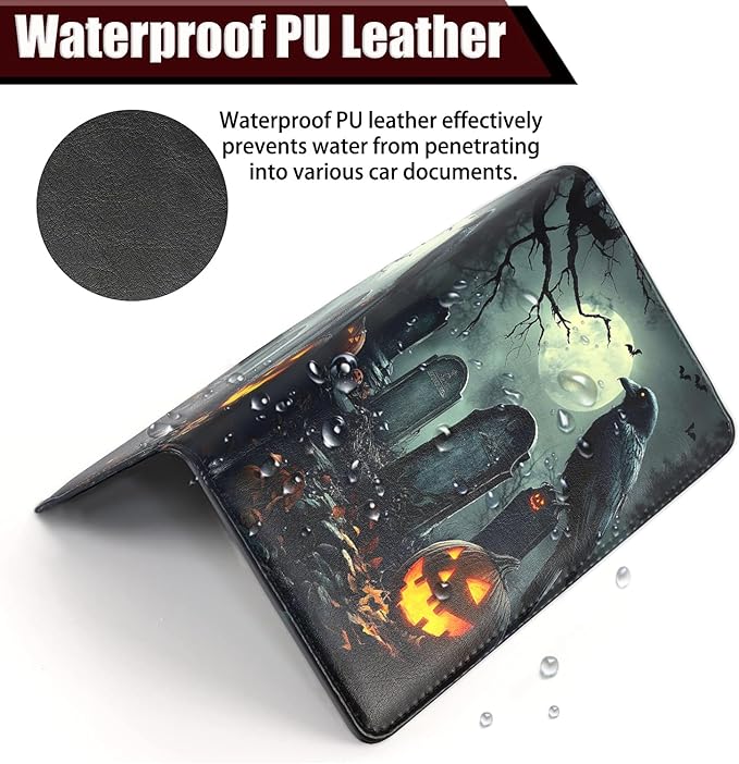 Car Registration Holder, PU Leather Vehicle Glove Box Organizer for Driver License, Document, Car Insurance Holder with Magnetic Shut, Auto Paperwork Wallet Case Accessories, Halloween Pumpkin