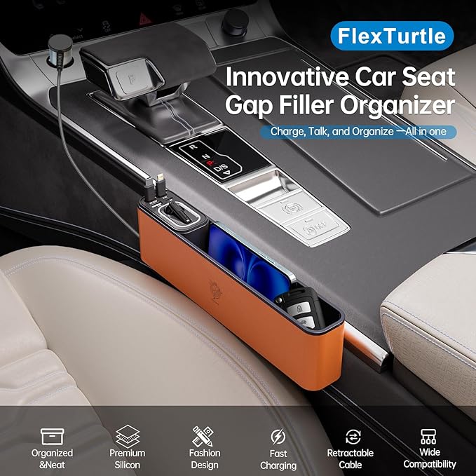 FlexTurtle Car Seat Gap Filler Organizer with 69W Retractable Car Charger & Bluetooth Earpiece for Driving Calls, Car Accessories with Trucker Headset, Fits Sedans, SUVs, Pickup Trucks & Crossovers