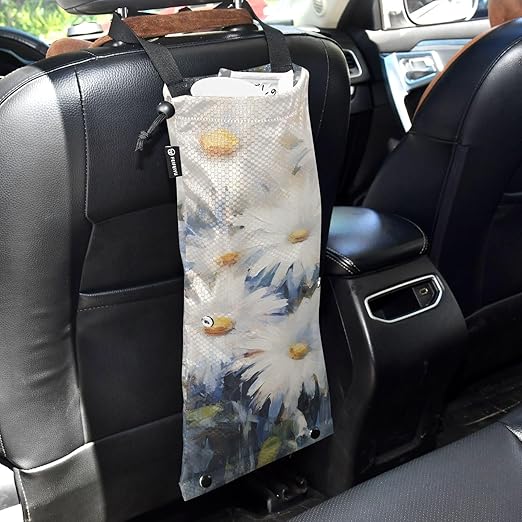 ALAZA Hanging Car Trash Bags Garbage Bag Trash Can for Back Seat Small Daisy White Flower 1 Washable Storage Bag Retractable 2 Pack