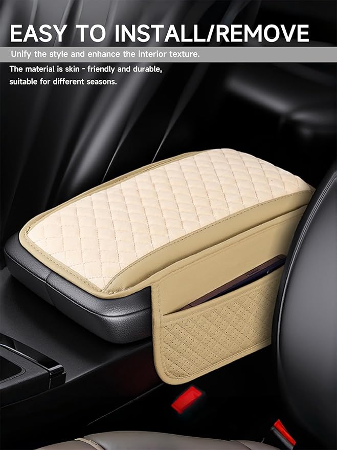 Cxtiy Car Center Console Cover, Microfiber Warm Soft Car Armrest Cover Cushion with 2 Storage Bags, Universal Armrest Storage Box Interior Accessories for Most Vehicles (Beige)