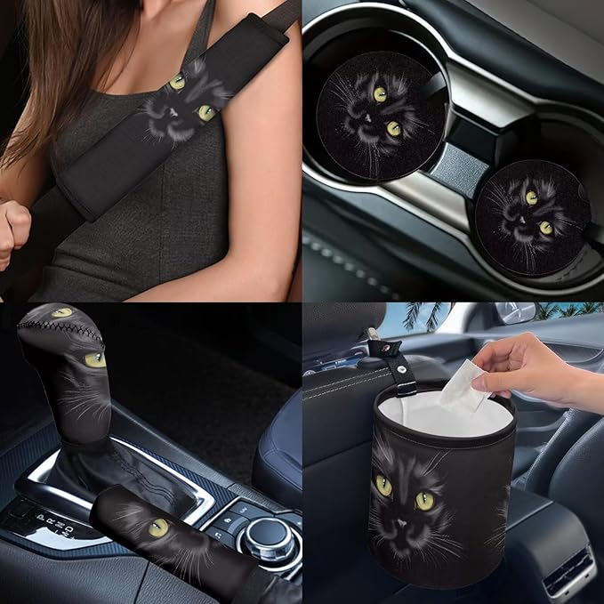 Dngkaoje Black Cat Car Seat Covers Full Set 13 Pcs Auto Seat Accessories with Animals Cat Print Hanging Trash Bag,Seatbelt Shoulder Pads,Universal Auto Front and Rear Split Bench Seat Covers Set