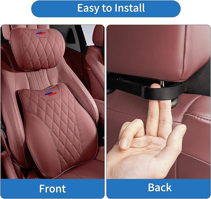 Anti-Stain Nappa Leather Car Neck Pillow for BMW New X3 X5 X2 X4 X1 X6 X7 2 3 4 5 7 Series Headrest Neck Pillow, Soft Memory Foam Headrest with Lumbar Support Accessories(Tacora Red-bm-2 pcs)
