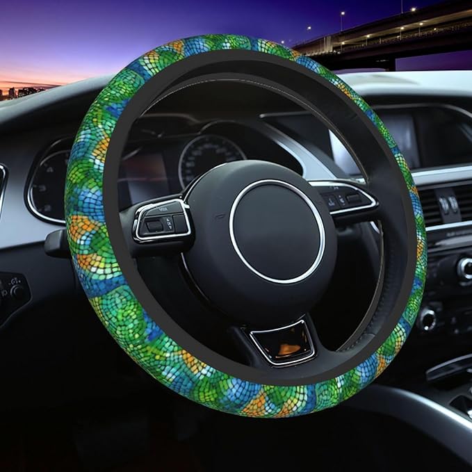 Colorful Snake Skin Steering Wheel Cover Elastic Non-Slip Car Steering Wheel Covers with Seat Belt Shoulder Pad for Women Men