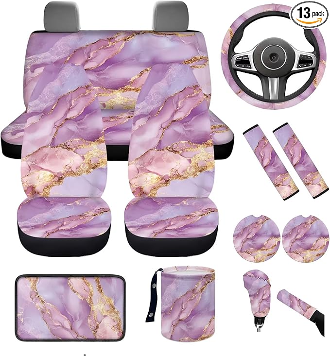 Dngkaoje 13 Pack Pink Marble Print Car Seat Cover Set with Steering Wheel Cover Seat Belt Strap Cover Garbage Cans Coasters,Marble Texture Front and Rear Split Bench Seat Covers for Cars