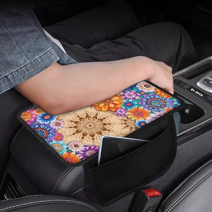 Dreaweet Car Center Console Cover with Pockets Boho Mandala Lotus Armrest Cover for Car Women,Universal Arm Rest Cover for Car Center Console for Truck SUV Cars Sedan