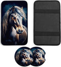 JANENFNA Car Armrest Cover Pads Universal Fashion Cute Auto Center Console Armrest Cover Pad with 2PCS Car Coasters Soft Waterproof Car Armrest Seat Protector for Women,Small Horse