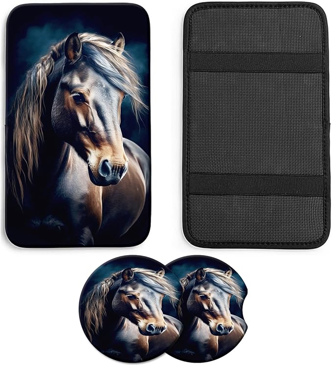 JANENFNA Car Armrest Cover Pads Universal Fashion Cute Auto Center Console Armrest Cover Pad with 2PCS Car Coasters Soft Waterproof Car Armrest Seat Protector for Women,Small Horse