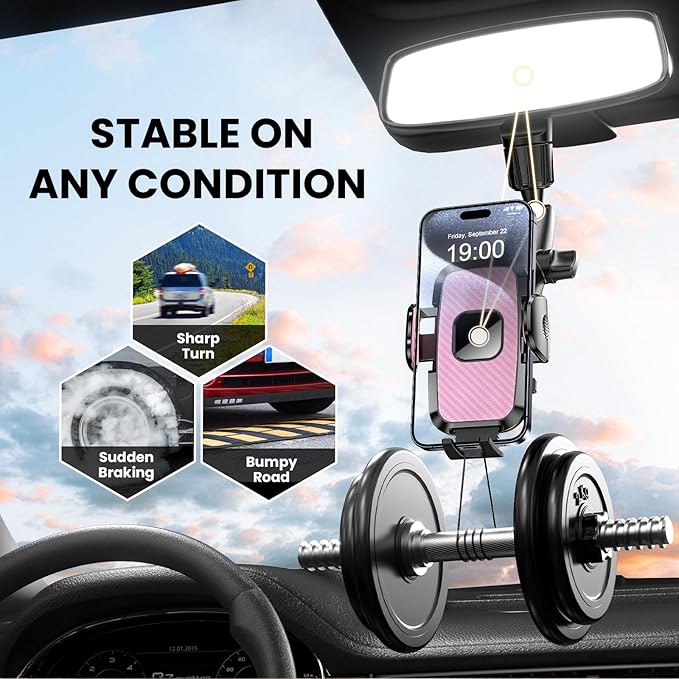 Rear View Mirror Phone Holder, 360° Rotating Car Phone Holder Mount Compatible with All 4-7 Inch iPhone and Android Cell Phones (Pink)