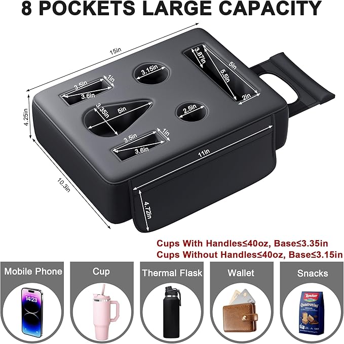 2026 Upgraded Car Cup Holder, 8 in 1 Back Seat Cup Holder for Car, PU Leather Backseat Organizer Car Cupholder Expander Tray for Trucks SUVs RVs Center Console Couch, Holds Drinks Food Phone