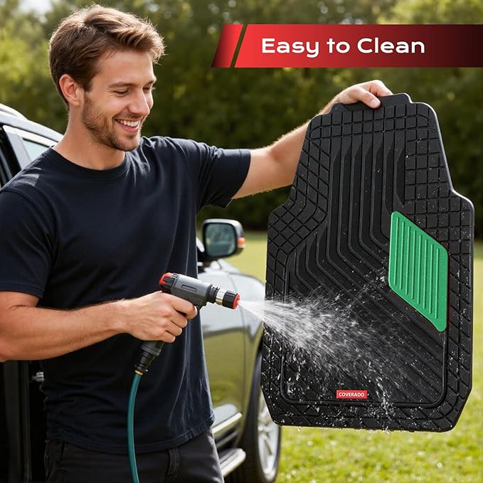 Coverado Car Floor Mats Full Set – Heavy-Duty PVC Floor Mats with Green Metallic Heel Pad, All-Weather Protection for Front & Rear, Non-Slip Backing, Easy-Clean Interior Liners