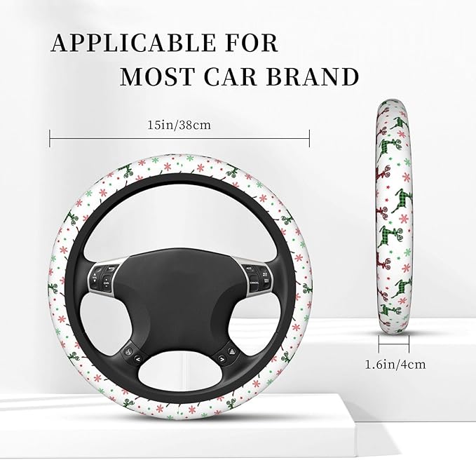 Elastic Steering Wheel Cover, Christmas Buffalo Plaid Reindeer Universal 15 Inch Non-Slip Breathable Steering Wheel Protector, Car Accessories Fit Auto, Suvs, Truck, Sedans