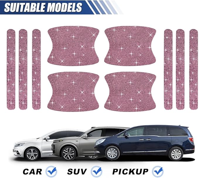 10PCS Bling Car Door Handle Protector, Crystal Rhinestone Anti-Scratch Car Bowl Decoration Sticker Decal, Universal Auto Exterior Door Protective Covers Accessories for Women (Pink)