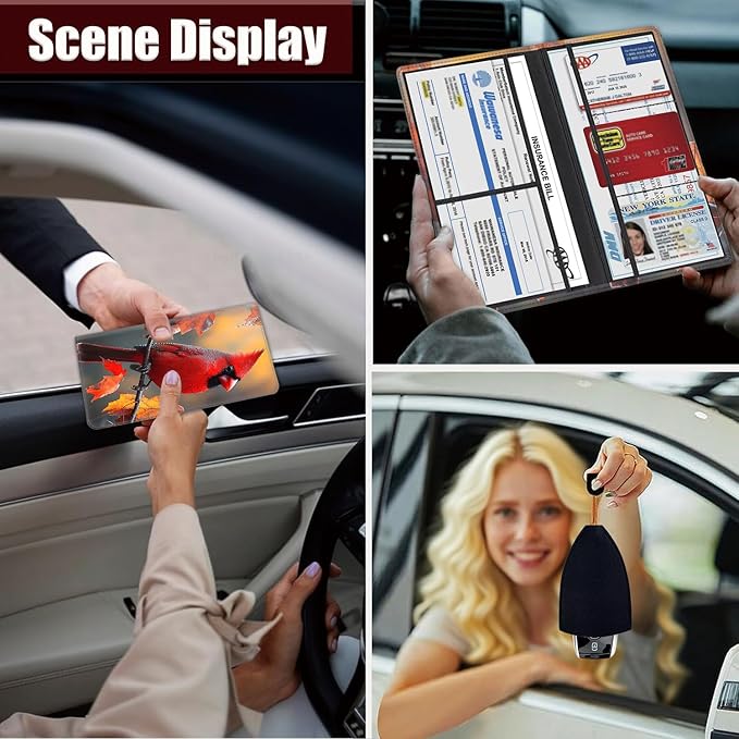Car Document Holder with Magnetic Shut, Car Registration and Insurance Card Holder, Vehicle Glove Box Organizer Documents, Driver License Auto Paperwork Organizer Wallet,Red Cardinal In Fallen Leaves