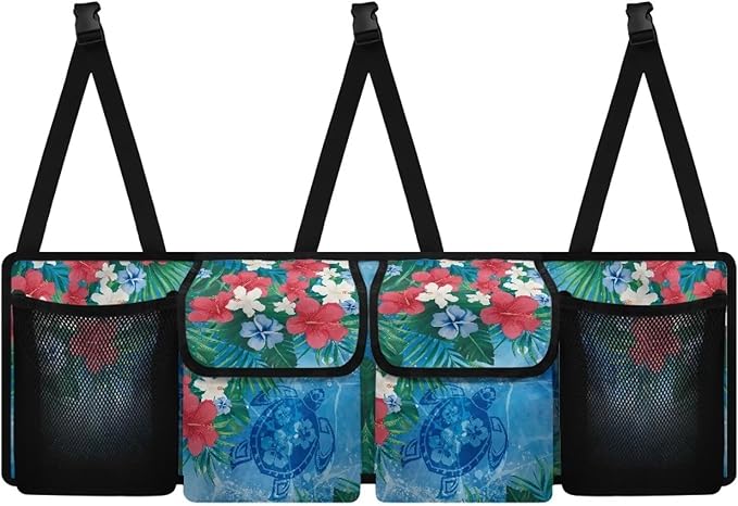 Dreaweet Hibiscus Flower Print Trunk Organizer for Car Women Collapsible Trunk Hanging Organizer Backseat Bag Blue Sea Turtle Car Storage Accessories with 2 Pockets & 2 Mesh Pouches for Groceries