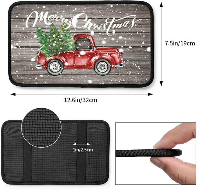DORKEIXIA Farm Rustic Vintage Retro Old Merry Christmas Red Truck Auto Center Console Armrest Pad Universal Car Center Console Cover Seat Box Cover for Sedan, Van, SUV, Truck Car Accessorie