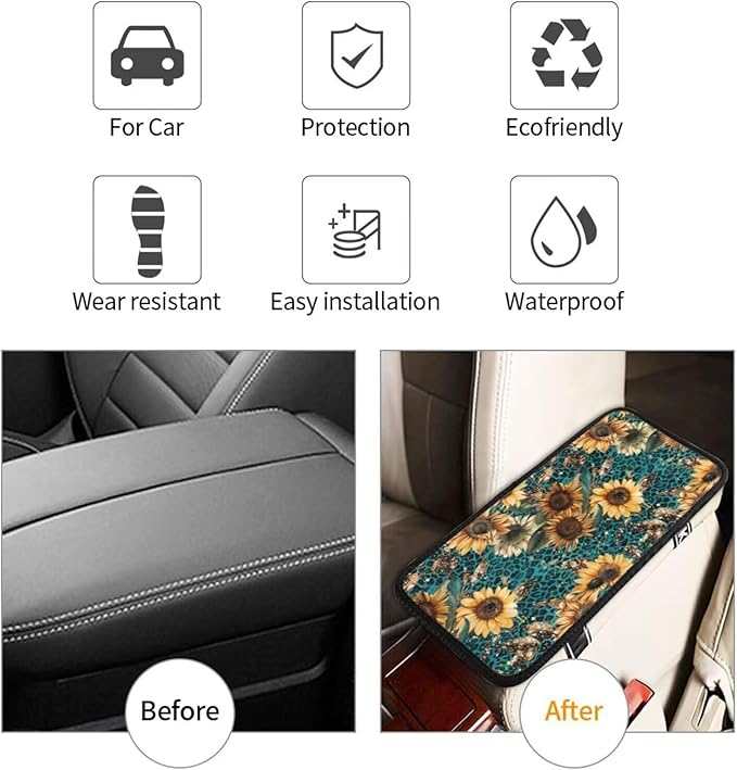 Sunflower Leopard Print Center Console Armrest Cover Flower Floral Arm Rest Seat Box Covers Protector Blue Vintage Car Decor Accessories Padding for Most Cars Sedans Vans Truck SUVs